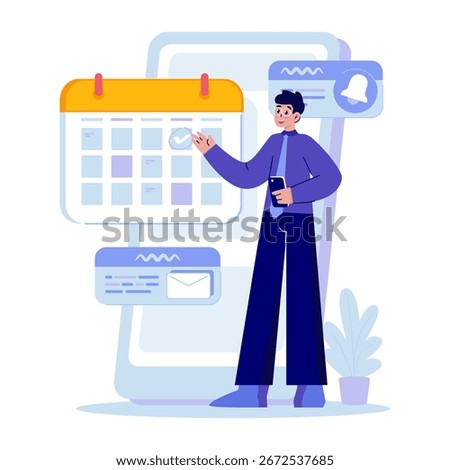 Vector illustration of a man marking a calendar with a pop-up email and notification bell. Mobile app for appointment booking. Meeting reminder concept