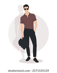 Vector illustration. A man in a maroon shirt and black pants with a bag. Light background with soft shades.
