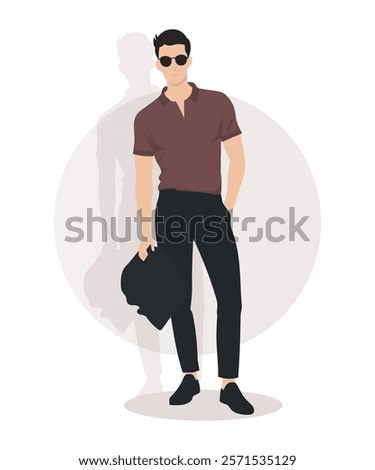 Vector illustration. A man in a maroon shirt and black pants with a bag. Light background with soft shades.