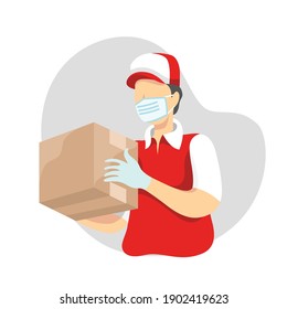 Vector illustration of a man with mask delivering a package delivery, delivery service concept