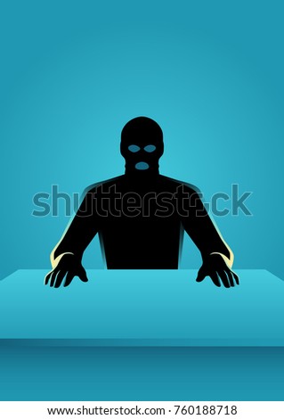 Vector illustration of man in mask, sitting in front of a table.