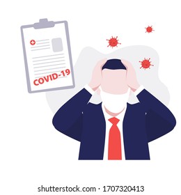 Vector illustration of man in mask and suit in panic with covid-19 diagnosis around viruses. Medical concept