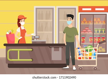 Vector illustration of man in mask in supermarket. People wearing masks during shopping in grocery shop. Quarantine time, healthcare and self protection concept in flat cartoon style