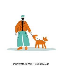 Vektorgrafik eines Mannes in einer Maske, der mit einem Hund spaziert.