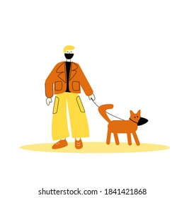 Vector illustration of a man in a mask walking with a dog.