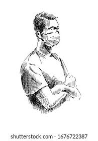 Vector illustration of a man in a medical mask. Graphic portrait in engraving technique