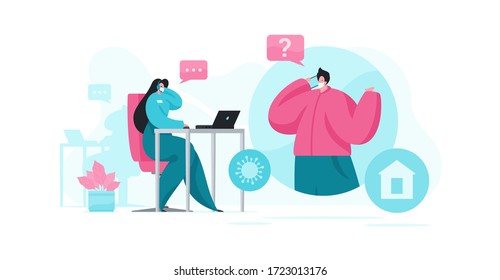 Vector illustration of man in medical mask talking with female support agent of coronavirus helpline while staying at home during pandemic
