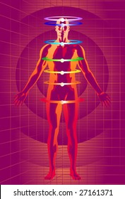 Vector illustration of man meditating  as his chakras energy centers are activated with the help of cyber space technology