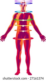 Vector illustration of man meditating as his chakras energy centers are activated