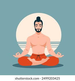 Vector illustration of a man meditating in the lotus position with eyes closed. He has a topknot hairstyle, a beard, and is dressed in orange pants. Muslim man with beard in lotus position. 