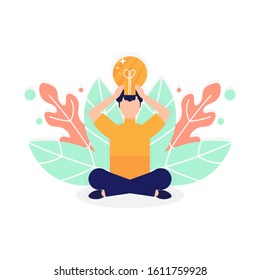 Vector illustration, man meditating in nature to get an idea. Concept illustrations for yoga, meditation, relax, recreation, healthy lifestyle. Can be used for, landing pages, templates, UI, web.