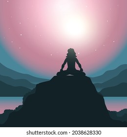 Vector illustration, man meditating under the sky and the stars at night.