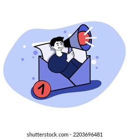 Vector illustration of man with megaphone. Make an announcement, letter, advertising mailing, ad, 1 incoming message, marketing, marketer, commercial. Business concept. Blue and pink pastel colors