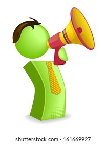 Vector illustration of a man with a megaphone making an important announcement. 