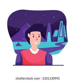Vector illustration man in meta verse NFT non-fungible token background.