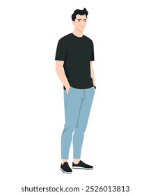 Vector illustration of a man. For a minimalist look, team a black t-shirt with light blue pants for an easy, casual look.