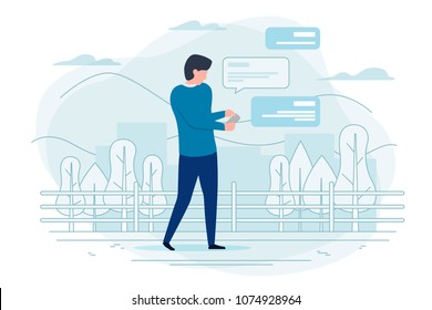 Vector illustration - man with mobile phone, chatting on walk. Park, forest, trees and hills on background. Banner, poster template with place for your text.