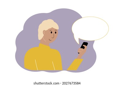 Ilustración vectorial de un hombre con un teléfono móvil en su mano