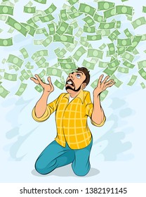 Vector illustration of man and money falling from sky