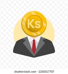 Vector illustration of Man with a Money as a head. Burmese Kyats, myanmar currency coin person isolated on transparent background (PNG).