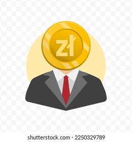 Vektorgrafik des Menschen mit einem Geld als Kopf. Polnische Zloty Currency-Person einzeln auf transparentem Hintergrund (PNG).