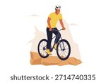 Vector Illustration of Man Mountain Biking and Off-Road Cycling. Cyclist Riding a Bicycle on a Rocky Trail for Extreme Sport