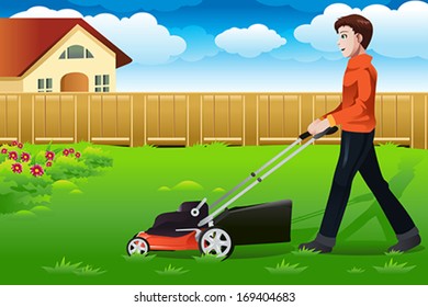 A vector illustration of a man mowing the lawn