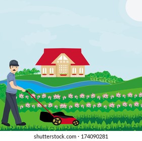 A vector illustration of a man mowing the lawn 