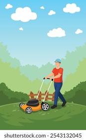 Ilustração vetorial de Man Mowing the Lawn and Gardening Yard Work