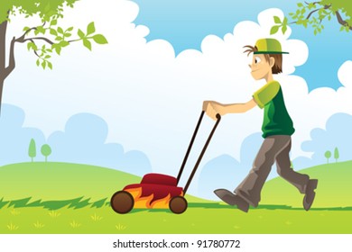 A vector illustration of a man mowing the lawn