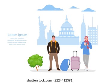 Vector illustration Man, muslim woman with backpack, suitcase use cell phone Tourist People take photos, selfies USA New York. Summer vacation Travel Adventure Tourism Famous American statue buildings
