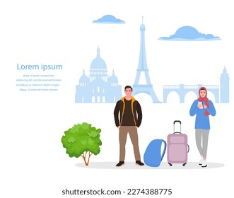 Vector illustration Man, muslim woman with backpack, suitcase use cell phone. Tourist. People take photos, selfies. France Europe Summer vacation. Travel Adventure Tourism Famous French buildings