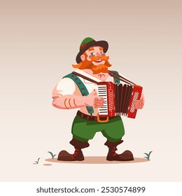 Ilustración vectorial. Hombre con bigote, vestido con ropa tradicional, toca acordeón. Estilo de arte de dibujos animados. Concepto de comida y bebida, tradiciones, Oktoberfest, celebración.