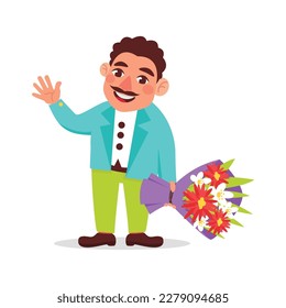 Vector illustration of a man with a mustache in a jacket holding a beautiful bouquet of flowers and waving.