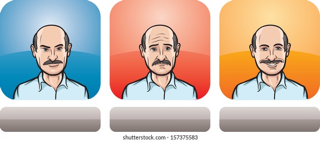 Vector illustration of man with mustaches face in three expressions: neutral, sad and happy - head and shoulders composition. Layered vector EPS10 format file.
