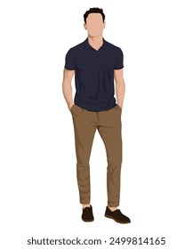 Ilustración vectorial de un hombre con un polo azul marino y pantalones beige. Estilo de oficina moderno