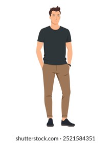 Vector illustration of a man in a navy blue polo shirt and beige pants. Modern office style