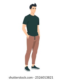 Vector illustration of a man in a navy blue polo shirt and beige pants. Modern office style