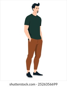 Ilustración vectorial de un hombre con un polo azul marino y pantalones beige. Estilo de oficina moderno