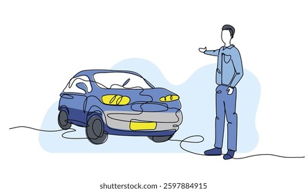 Vector illustration of  man next to a blue car. Modern flat in continuous line style.