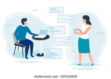 Vector illustration - man with notebook chatting with woman with phone.  Banner, poster template with place for your text.