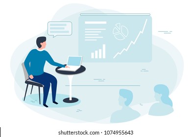 Vector illustration - man with notebook showing presentation in office.  Banner, poster template with place for your text.