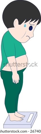 Vector illustration of a man with obesity standing on a weight scale in despair