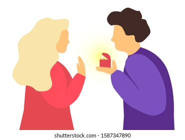 vector illustration of man offering Engagement Ring to his Girlfriend.   drawn in trendy flat style.  Marriage Proposal Concept. Bright colors. Isolated on white background. cute couple in love