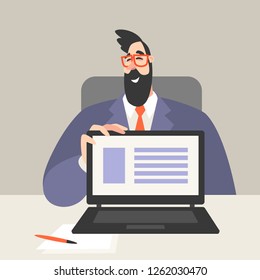 Vector illustration of a man at an office table showing the laptop screen with business presentation. Cartoon character from office life.