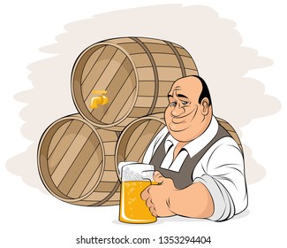 Vector illustration of man on background of beer barrels