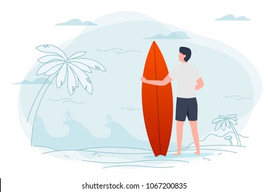 Vector illustration - man on a beach, holding surfboard. Ocean, surfers, palms and hills on background. Banner, poster template with place for your text.