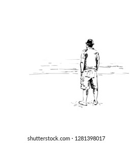 vector illustration of a man on the beach, in the style of a sketch