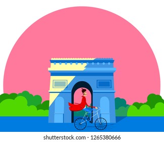 Vector illustration of a man on a bicycle in front of the Arc de Triomphe. greeting card in a flat design cartoon style