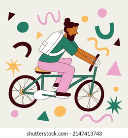 Vector Illustration Man On Bicycle - Simple Vector Hand Drawn Doodle Drawing With Geometric Shapes On Background. Summer Activity Outdoor Sport.